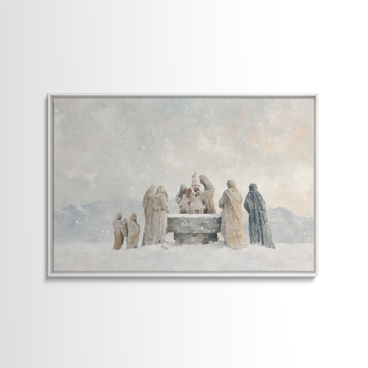 Snowfall Reverence – Framed Canvas Print – Christian Wall Art – Christian Art Canvas – Christmas Art – Jesus Christmas Art – Christian Gift