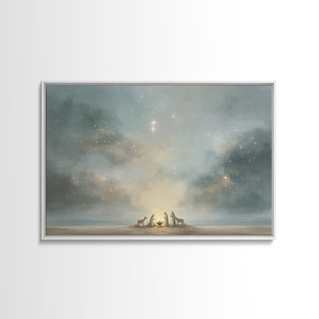 Starry Night Nativity – Framed Canvas Print – Christian Christmas Art – Christian Wall Art – Jesus Painting – Christmas Art Prints – Christ