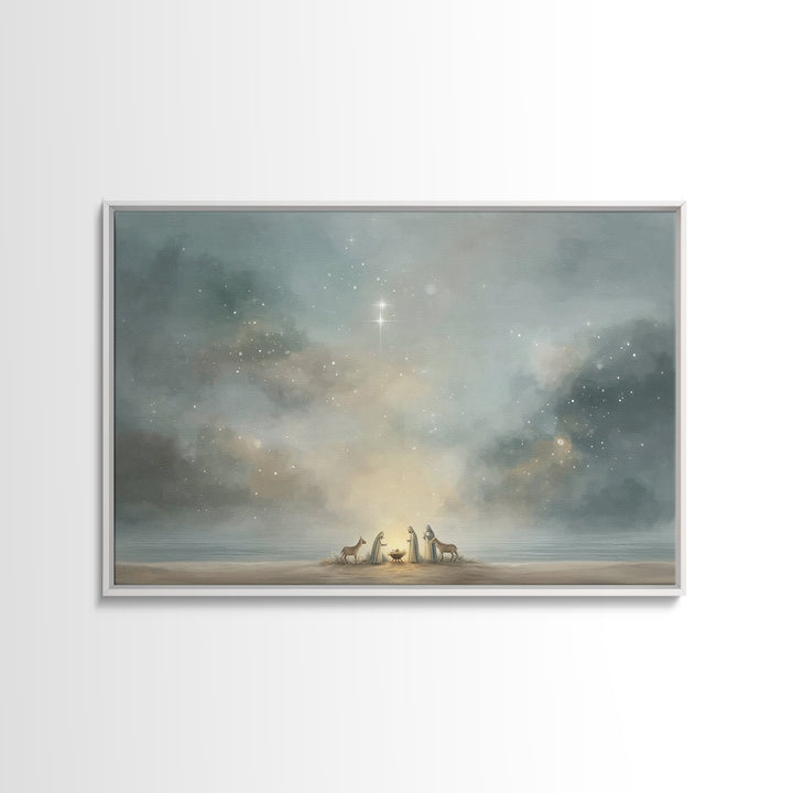 Starry Night Nativity – Framed Canvas Print – Christian Christmas Art – Christian Wall Art – Jesus Painting – Christmas Art Prints – Christ