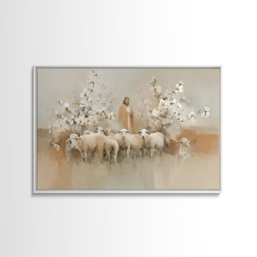 Flock Of Morning Grace, Framed Canvas Print, Christian Art Canvas, Christian Wall Art, Subtle Christian Art, Jesus Painting, Christian Gift