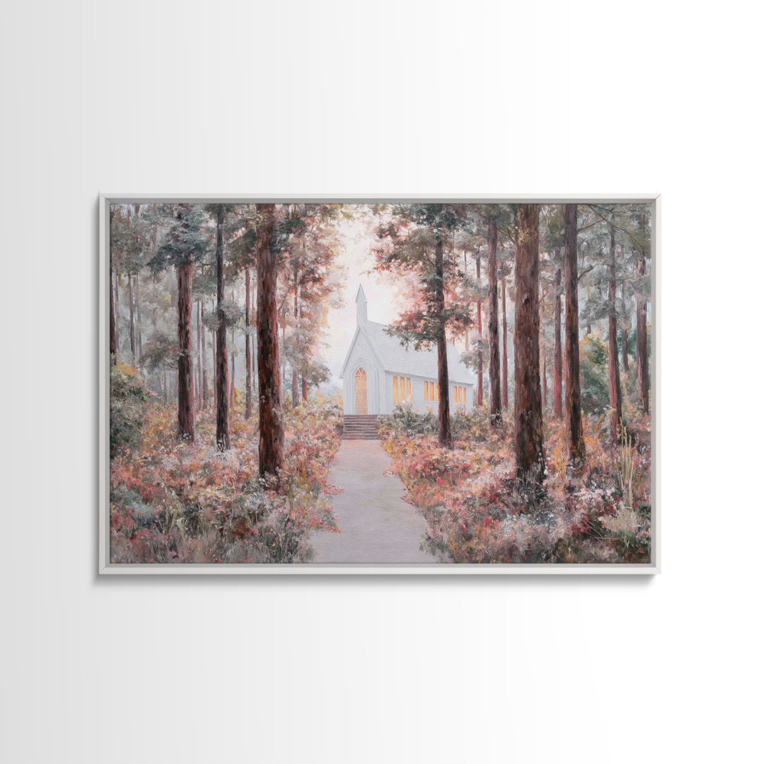 The Woodland Chapel – Framed Canvas Print – Christian Wall Art – Christian Art Canvas – Christian Painting – Christmas Art – Christian Deco