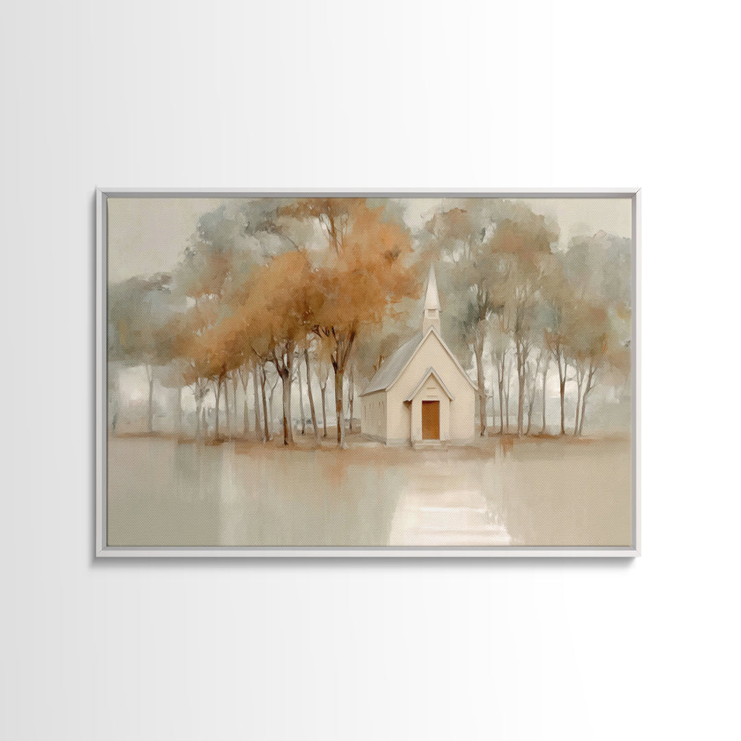 Evening Chapel Glow, Framed Canvas Print, Christian Wall Art, Christian Art Canvas, Moody Christmas Art, Christian Christmas Decor, Christi