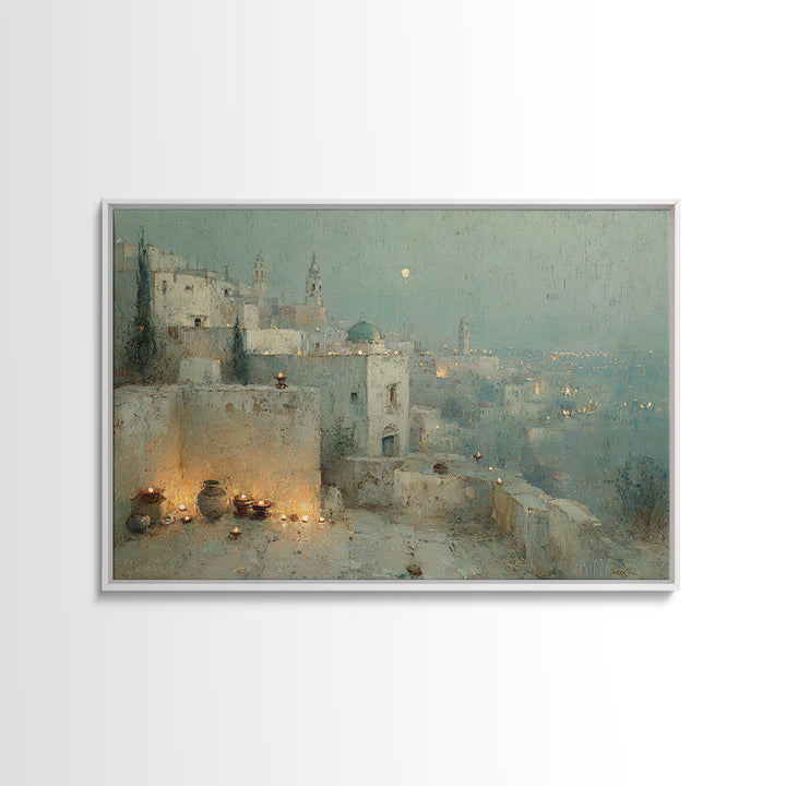 Moonlit Bethlehem, Framed Canvas Print, Christian Wall Art, Christian Art Painting, Christmas Art Work, Christian Christmas Decor, Christia