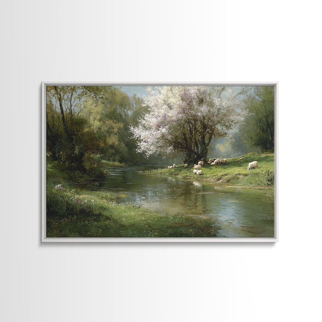 Spring Pasture Peace – Framed Canvas Print – Christian Wall Art – Christian Art Canvas – Pastoral Scenery – Christian Painting – Christian