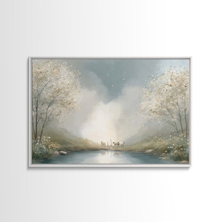 Riverside Dawn Peace – Framed Canvas Print – Christian Wall Art – Christian Art Canvas – Pastoral Scenery – Christian Art Prints – Christia