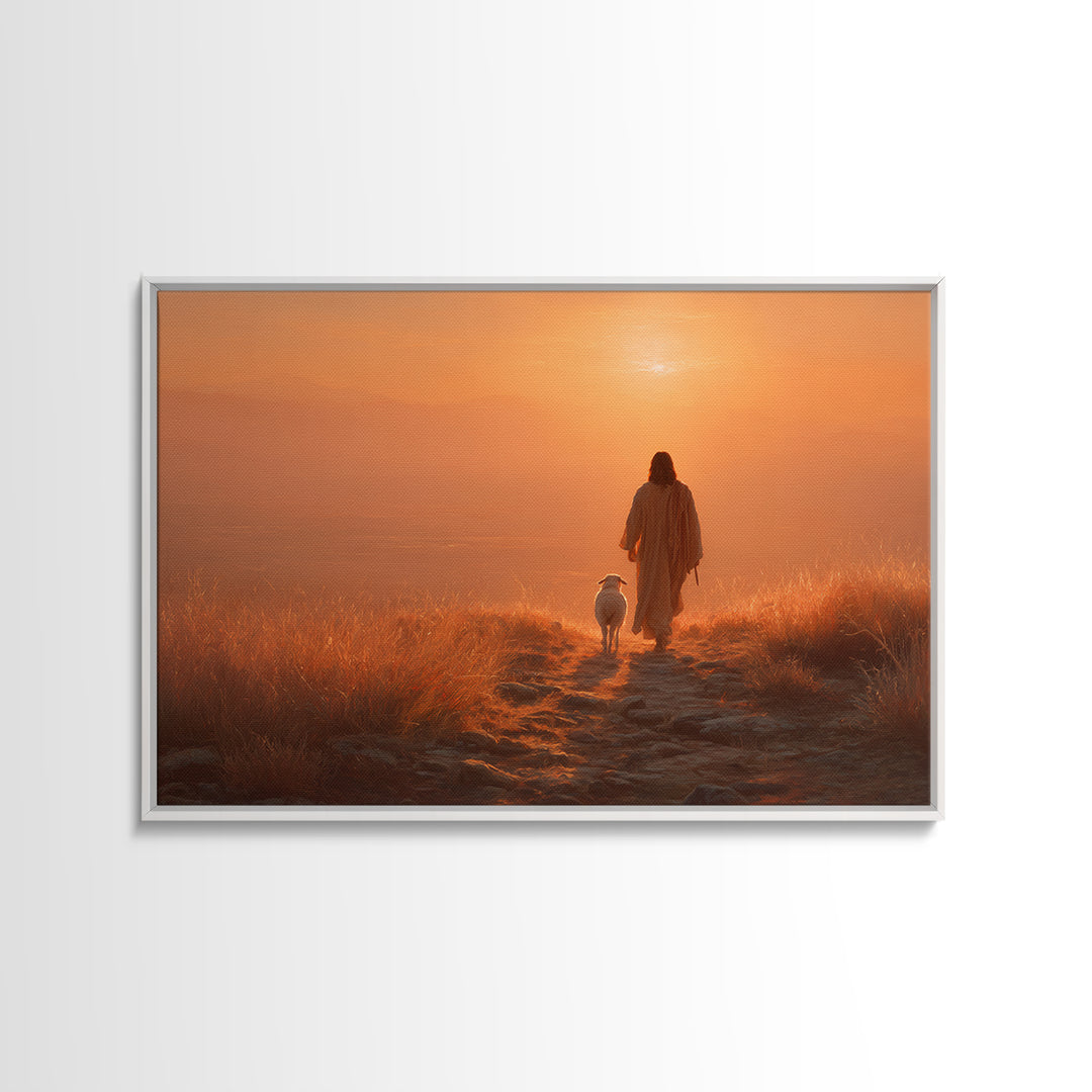 Sunset Shepherd Peace – Framed Canvas Print – Christian Wall Art – Christian Art Canvas – Pastoral Scenery – Christian Painting – Christian