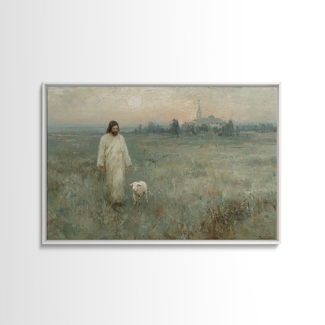 Shepherd At Sunrise, Framed Canvas Print, Christian Wall Art, Christian Art Canvas, Vintage Christian Art, Christian Painting, Christian Gi