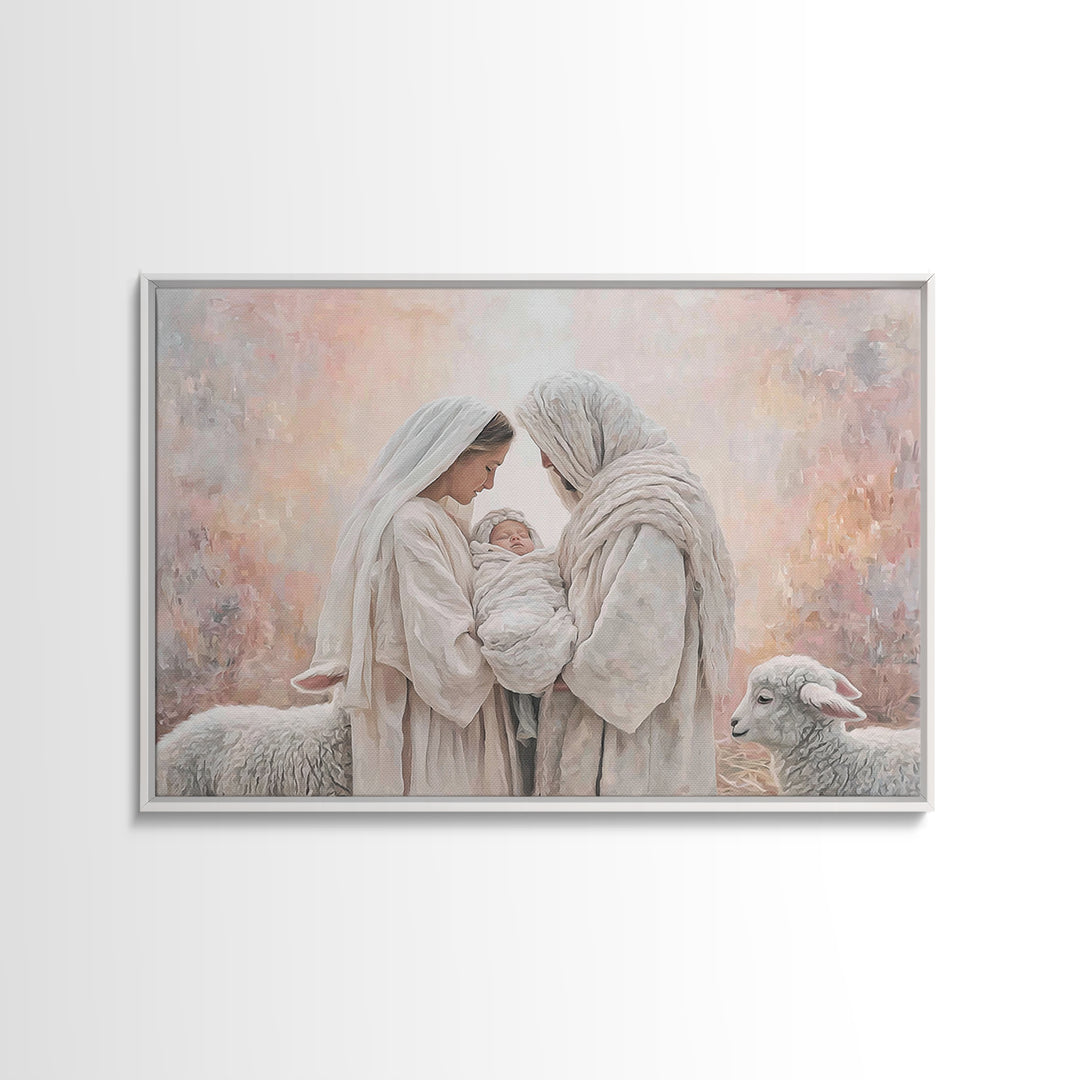 Wooden Nativity Glow, Framed Canvas Print, Christian Art Canvas, Christian Wall Art, Jesus Painting, Christian Christmas Art, Christmas Art