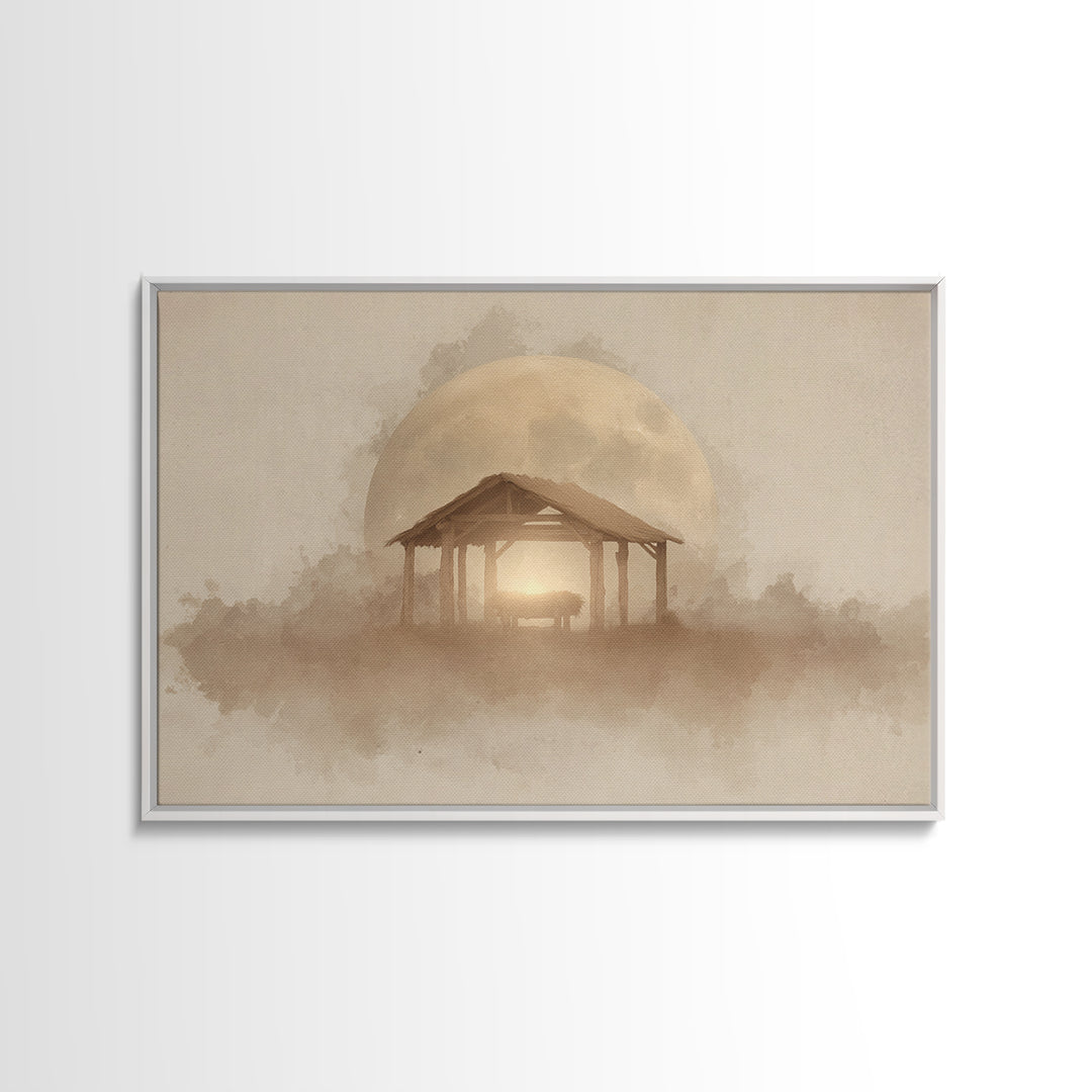 Silent Manger Moon – Framed Canvas Print – Christian Wall Art – Christmas Art Prints – Christian Art Canvas – Christian Christmas Art – Jes