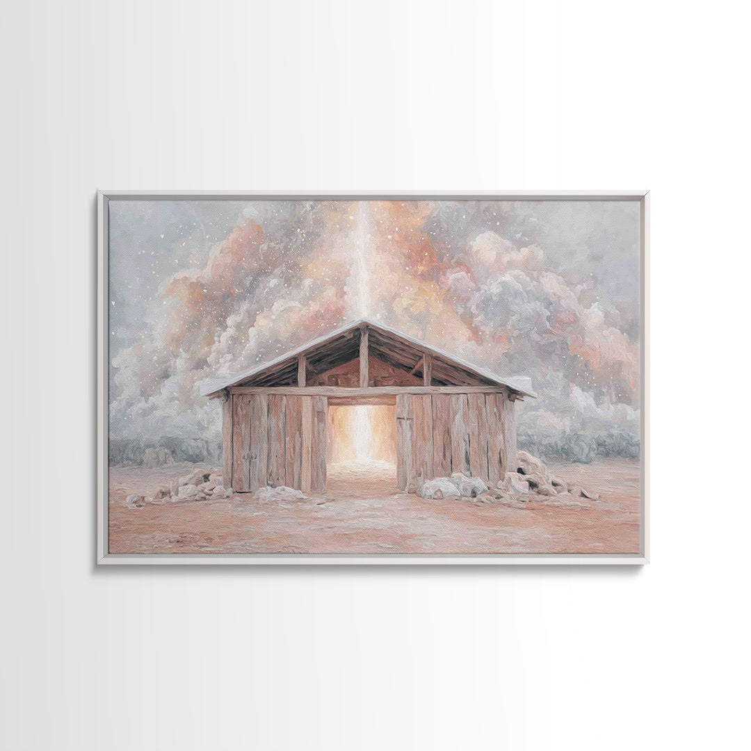 Heaven’s Stable Fire, Framed Canvas Print, Christian Art Canvas, Christian Wall Art, Christian Christmas Art, Christmas Art Prints, Jesus P