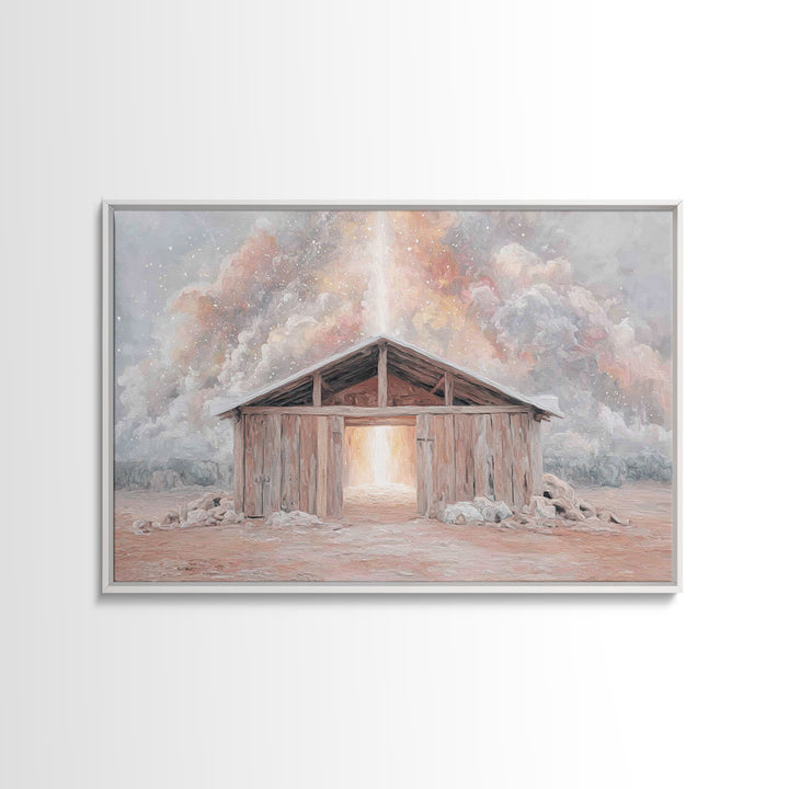 Heaven’s Stable Fire, Framed Canvas Print, Christian Art Canvas, Christian Wall Art, Christian Christmas Art, Christmas Art Prints, Jesus P
