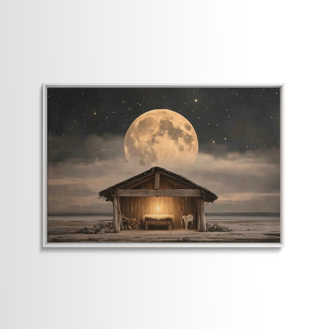 Starlit Holy Shelter, Framed Canvas Print, Christian Christmas Art, Jesus Painting, Christian Wall Art, Christmas Art Prints, Christian Art