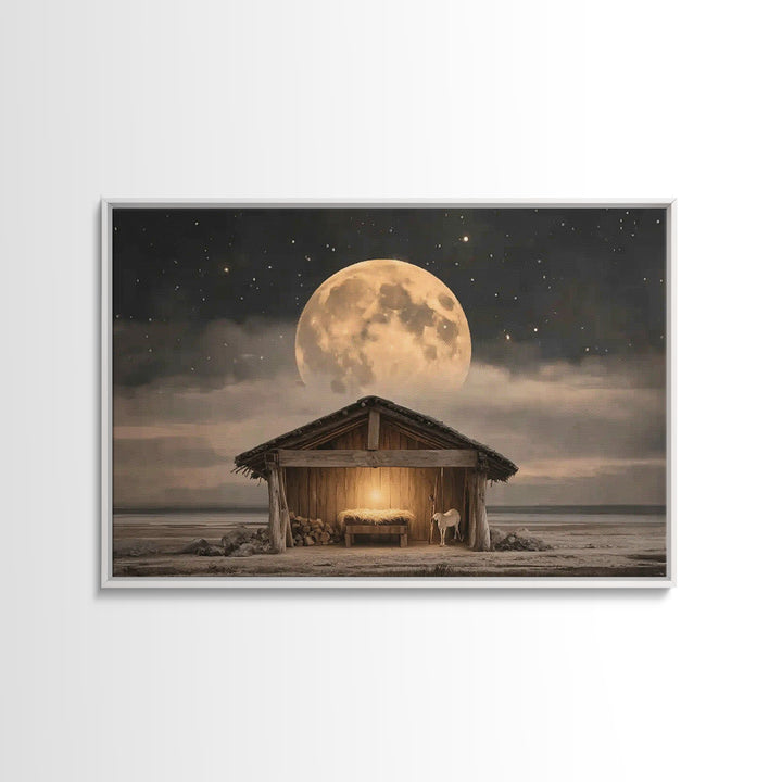 Starlit Holy Shelter, Framed Canvas Print, Christian Christmas Art, Jesus Painting, Christian Wall Art, Christmas Art Prints, Christian Art