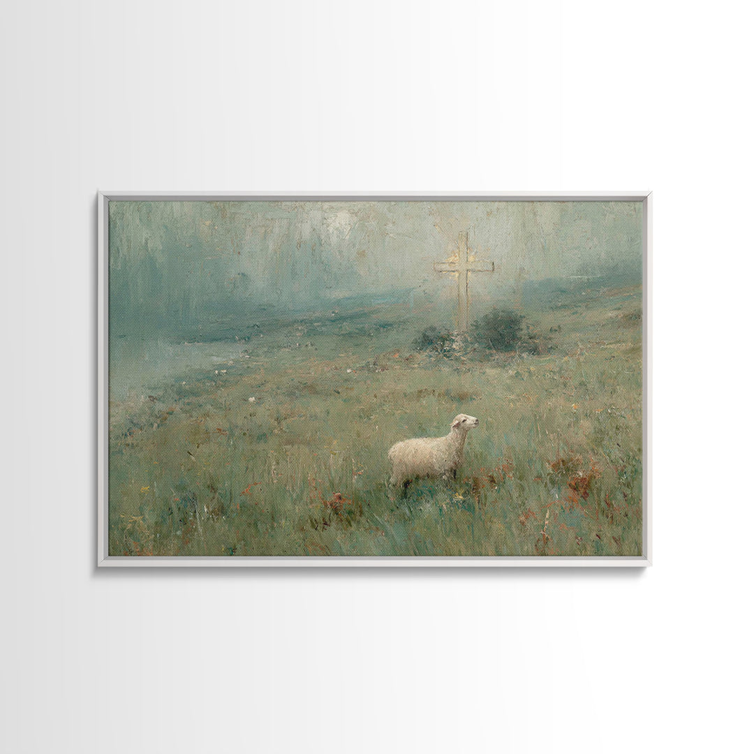 Hillside Lamb Hope – Framed Canvas Print – Christian Christmas Art – Christian Wall Art – Jesus Painting – Christian Art Canvas – Vintage C