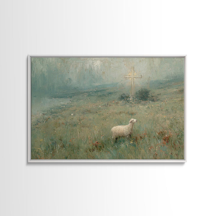Hillside Lamb Hope – Framed Canvas Print – Christian Christmas Art – Christian Wall Art – Jesus Painting – Christian Art Canvas – Vintage C