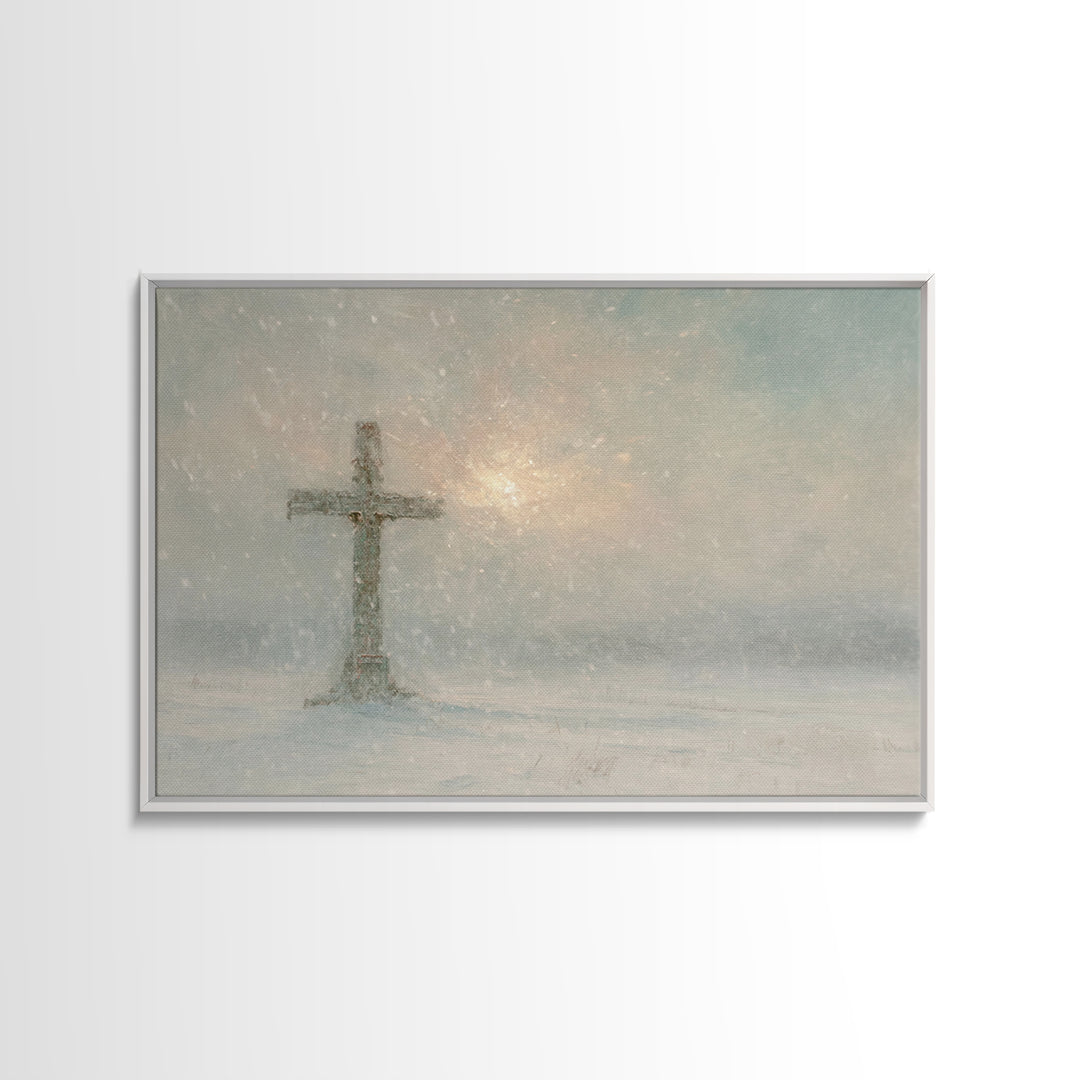 Silent Cross Snow – Framed Canvas Print – Christian Christmas Art – Christian Art Canvas – Christian Wall Art – Subtle Christian Art – Chri