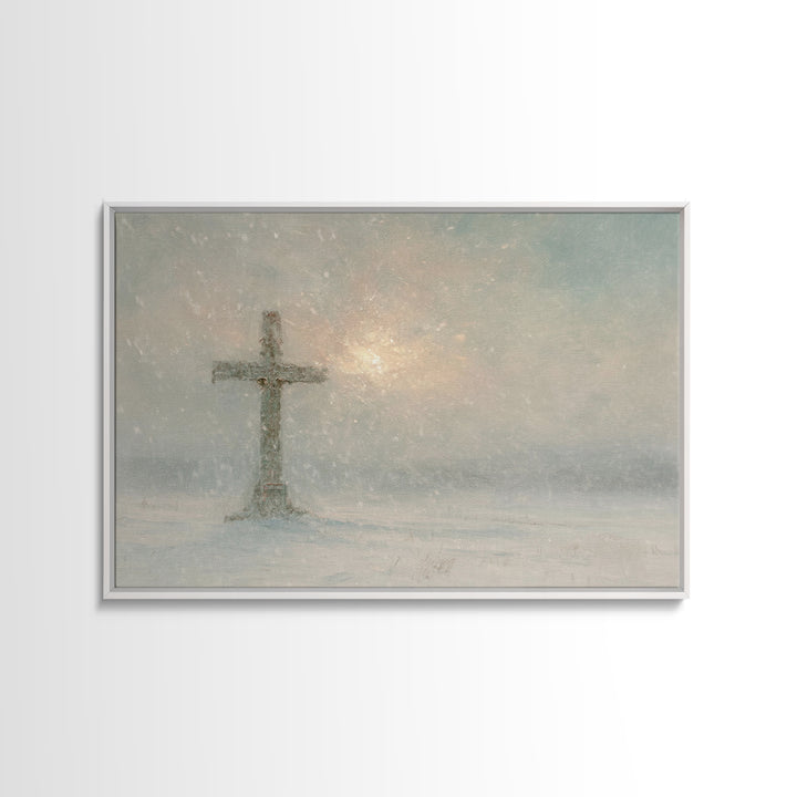 Silent Cross Snow – Framed Canvas Print – Christian Christmas Art – Christian Art Canvas – Christian Wall Art – Subtle Christian Art – Chri