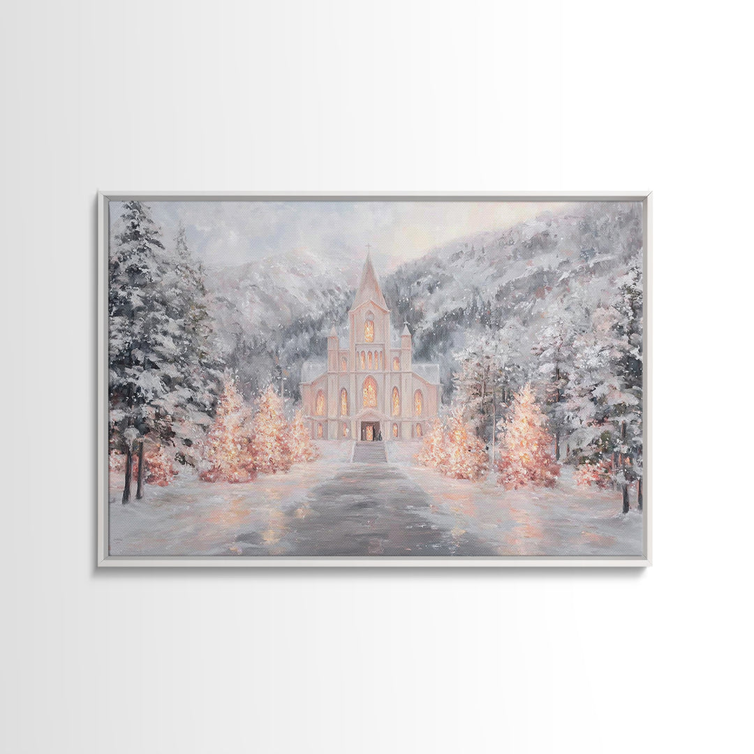 Mountain Chapel Light, Framed Canvas Print, Christmas Wall Art, Christian Art Canvas, Framed Christmas Art, Christian Christmas Art, Christ