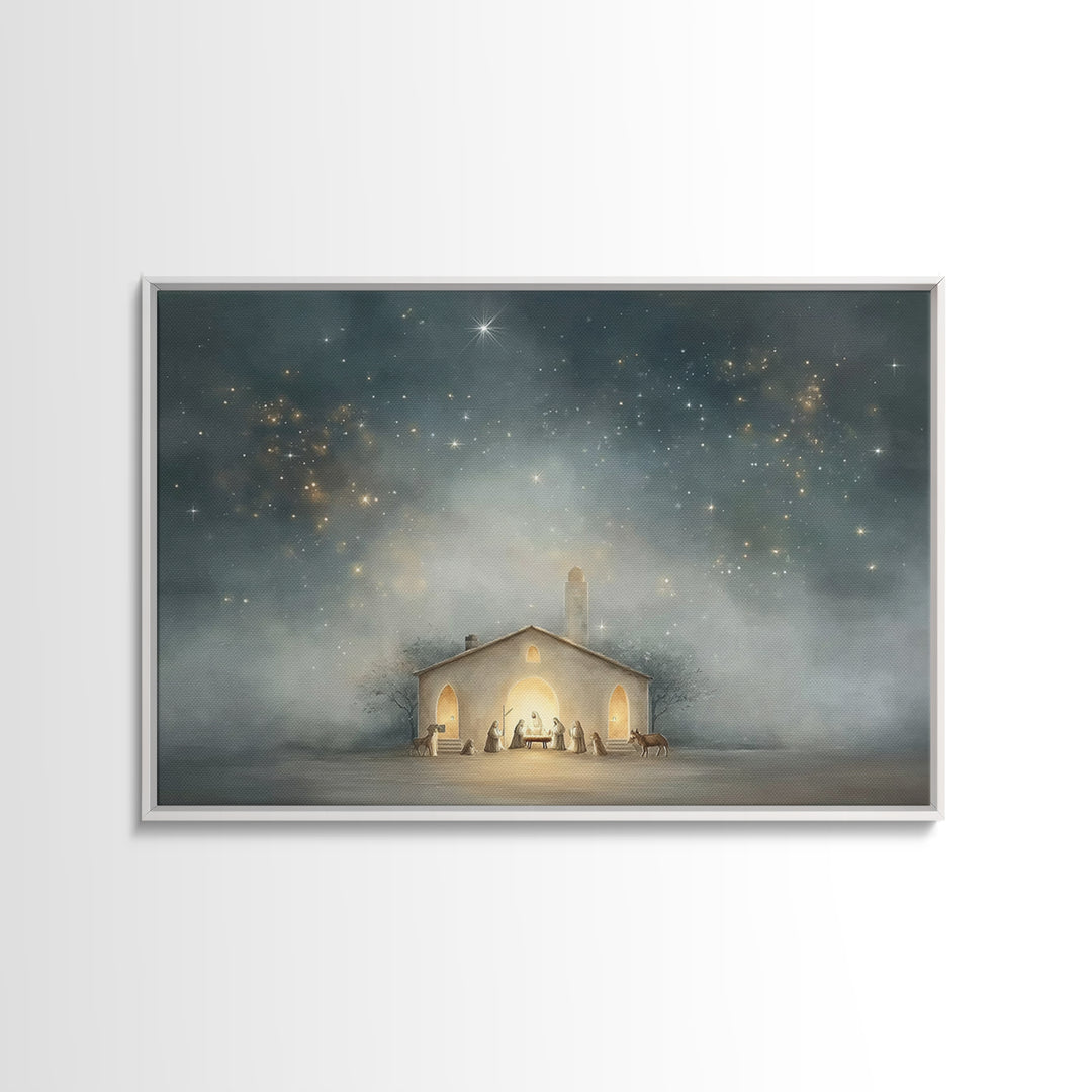 Nativity Under Heaven, Framed Canvas Print, Christian Wall Art, Christmas Art, Christian Art Canvas, Christian Christmas Art, Jesus Christm