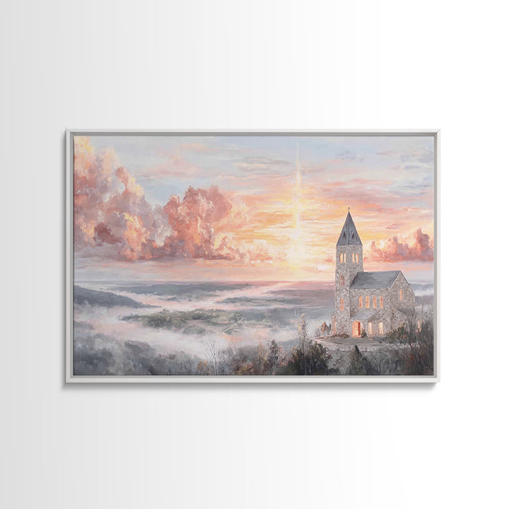 Dawn Over The Steeple, Framed Canvas Print, Christian Wall Art, Christian Art Canvas, Christian Art, Christian Decorations, Christian Gift