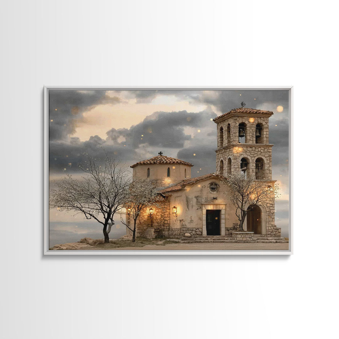 Stone Chapel Glow | Framed Canvas Print | Christian Wall Art | Christian Art Canvas | Vintage Christian Art | Christmas Art | Christian Chr