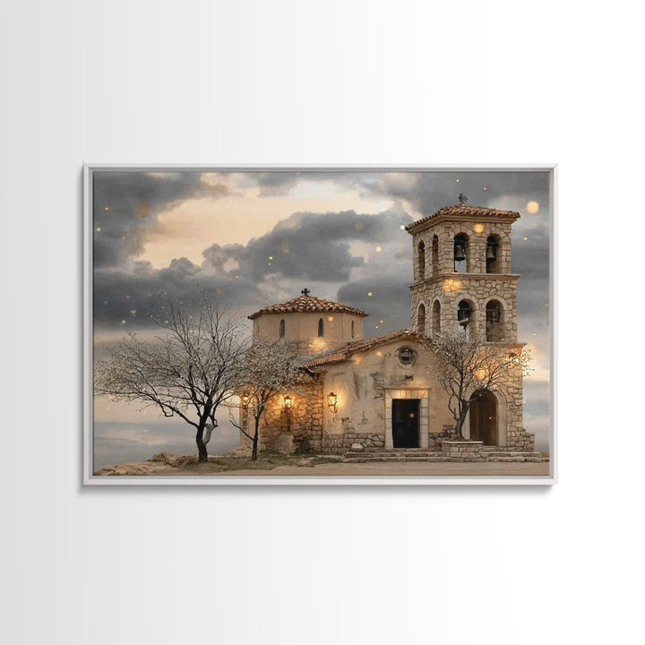 Stone Chapel Glow | Framed Canvas Print | Christian Wall Art | Christian Art Canvas | Vintage Christian Art | Christmas Art | Christian Chr