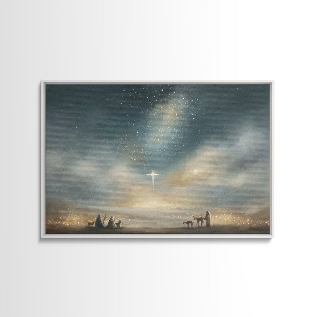 Bethlehem Star Glow, Framed Canvas Print, Christmas Wall Art, Christian Christmas Art, Christian Art Canvas, Moody Christmas Art, Christian