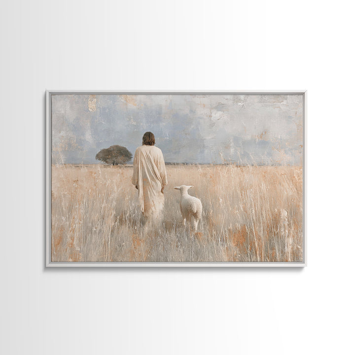 Gentle Shepherd Dawn - Framed Canvas Print - Christian Wall Art - Jesus Painting - Christian Art Canvas - Christian Decor - Pastoral Scener