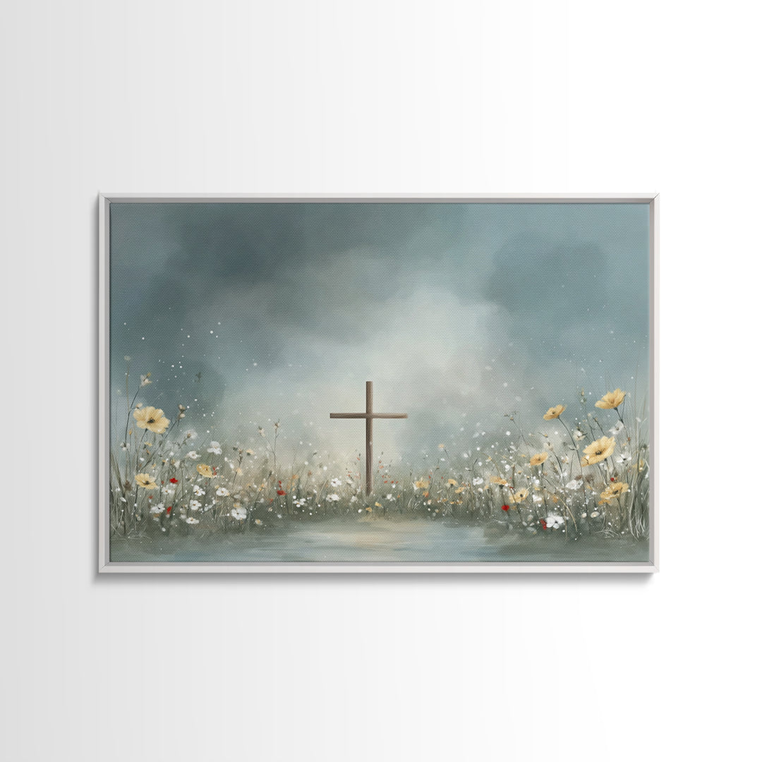 Blooming Cross Light, Framed Canvas Print, Christian Art Canvas, Christian Wall Art, Modern Christian Art, Christian Painting