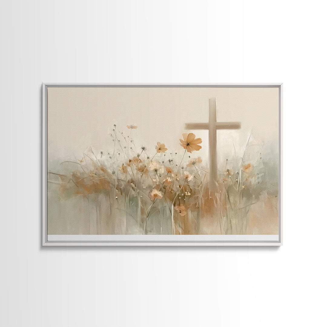 Meadow Cross Hope - Framed Canvas Print - Christian Painting - Christian Art Canvas - Minimalist Christian Art - Christian Wall Art