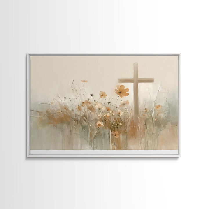 Meadow Cross Hope - Framed Canvas Print - Christian Painting - Christian Art Canvas - Minimalist Christian Art - Christian Wall Art
