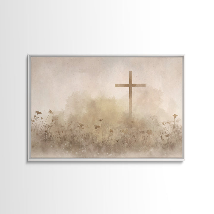 Desert Bloom Cross - Framed Canvas Print - Minimalist Christian Art - Christian Art Canvas - Christian Wall Art - Christian Painting
