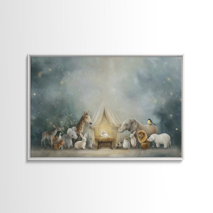 Gentle Night Glow, Framed Canvas Print, Christian Wall Art, Christian Christmas Art, Christian Art Canvas, Christmas Art Prints