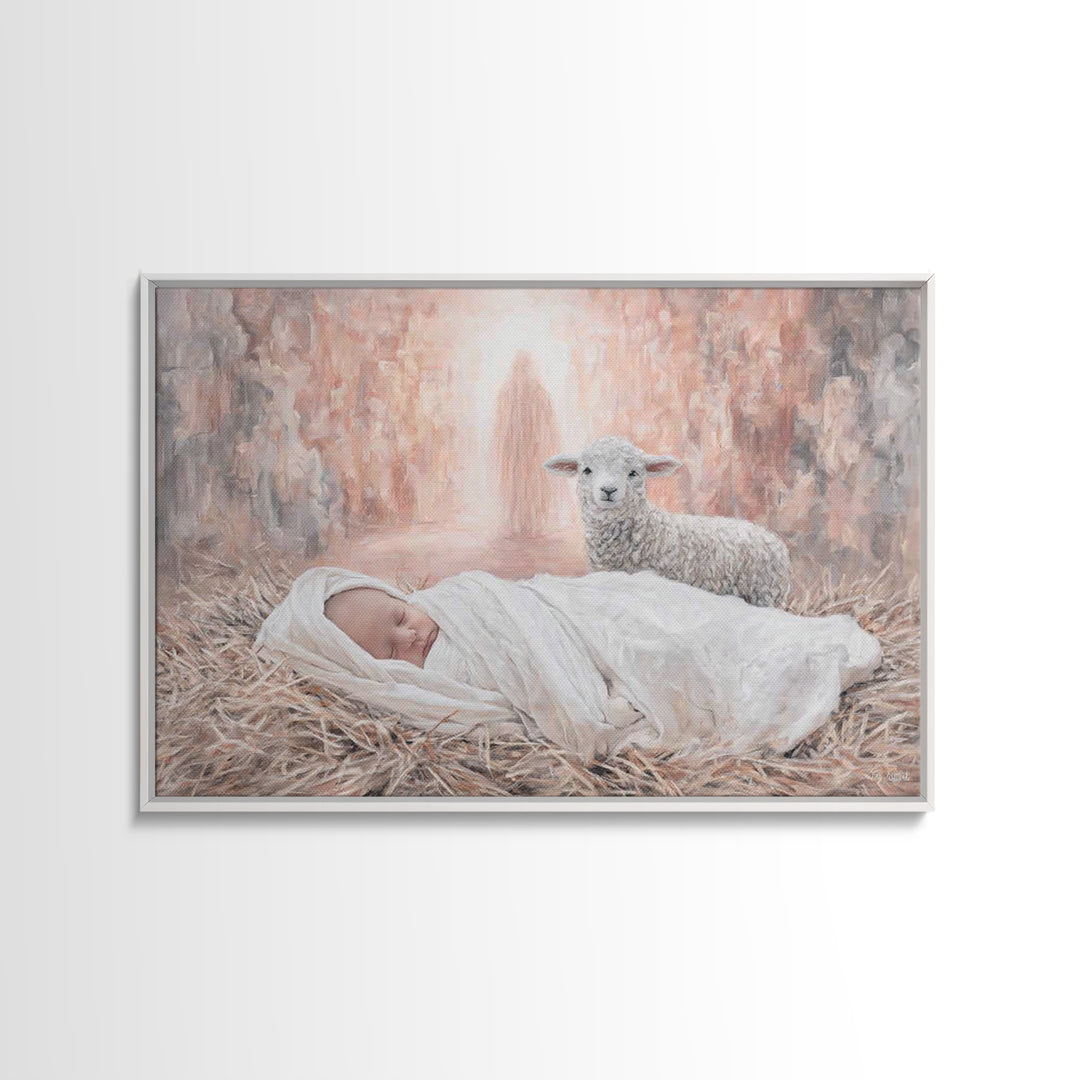 Heaven’s Gentle Lamb – Framed Canvas Print – Christian Art Canvas – Christian Wall Art – Christian Christmas Art – Christmas Art Prints