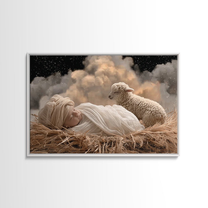 Starry Manger Peace, Framed Canvas Print, Christian Christmas Art, Christian Art Canvas, Christian Wall Art, Moody Christmas Art
