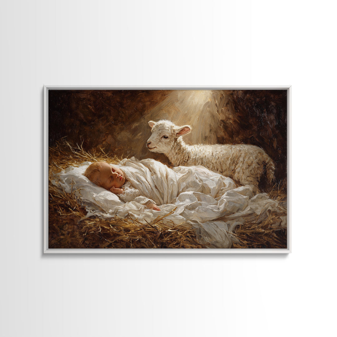 Silent Straw Blessing | Framed Canvas Print | Christian Art Canvas | Christian Christmas Art | Christian Wall Art | Jesus Painting