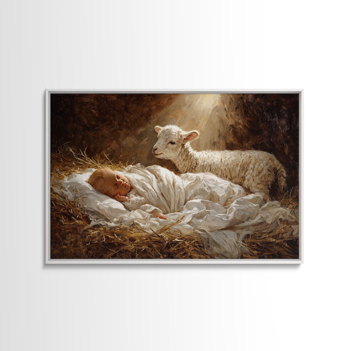 Silent Straw Blessing | Framed Canvas Print | Christian Art Canvas | Christian Christmas Art | Christian Wall Art | Jesus Painting