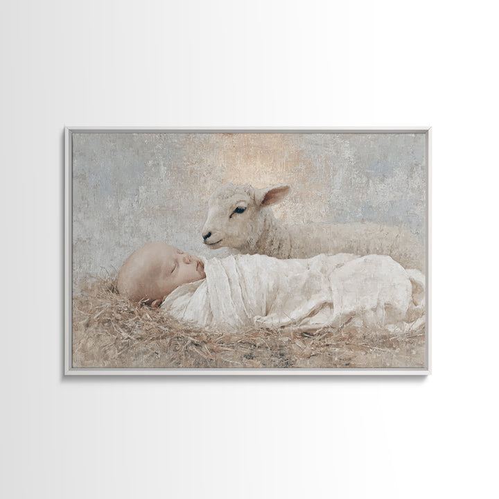 Little Lamb Grace, Framed Canvas Print, Christian Wall Art, Christian Art Canvas, Christmas Art, Christian Painting