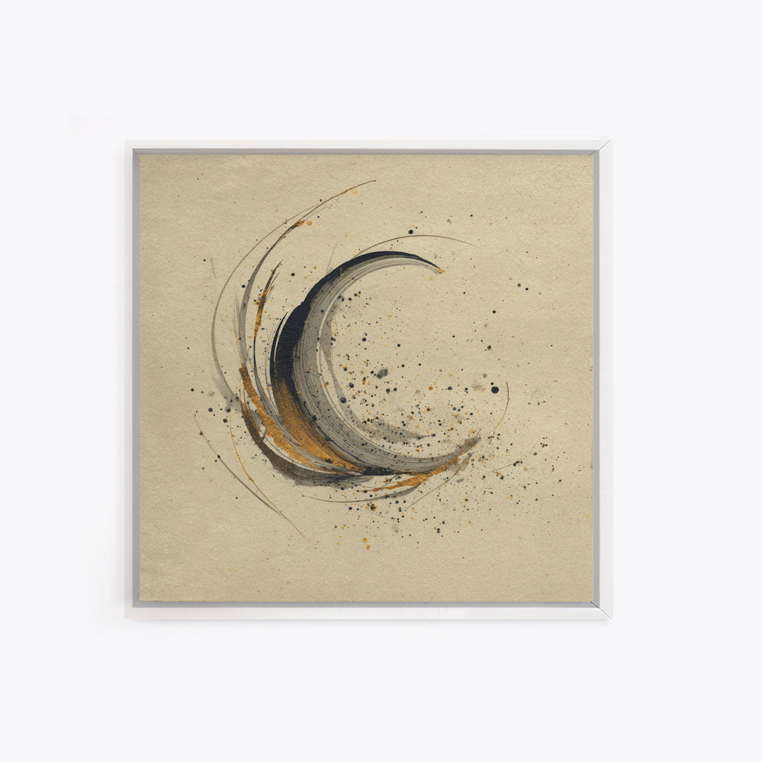 Crescent Moon Made from Elegant Ink Swashes Framed Canvas Print, Calligraphy Art, Japanese Decor, Living Room Decor, Script, CAL-1x1-21