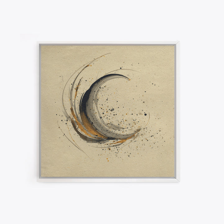 Crescent Moon Made from Elegant Ink Swashes Framed Canvas Print, Calligraphy Art, Japanese Decor, Living Room Decor, Script, CAL-1x1-21