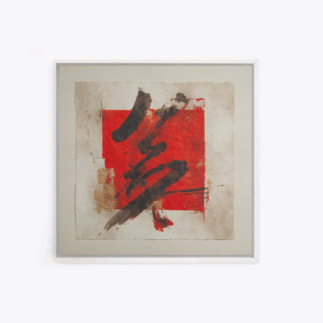 Bold Red Brushstroke Seal Abstraction Framed Canvas Print, Calligraphy Art, Gallery Decor, Living Room Decor, Fine Art, Script, CAL-1x1-67
