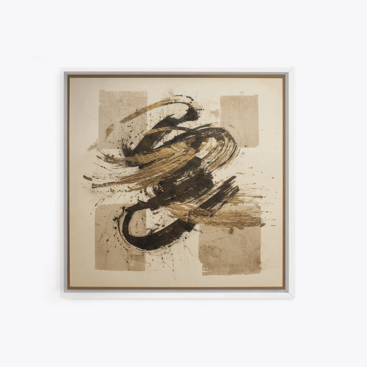 Abstract Gold Calligraphic Strokes on Ivory Paper Canvas Print, Calligraphy Art, Boho Decor, Living Room Decor, Script, CAL-1x1-98
