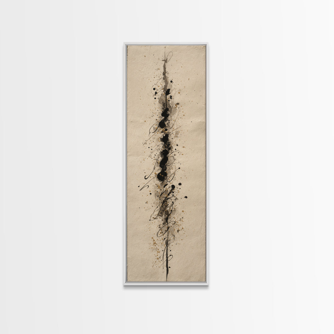 Ink Splatter and Long Brushstroke Composition Canvas Print, Calligraphy Art, Bedroom Wall Decor, Living Room Decor, Script, CAL-1x3-100