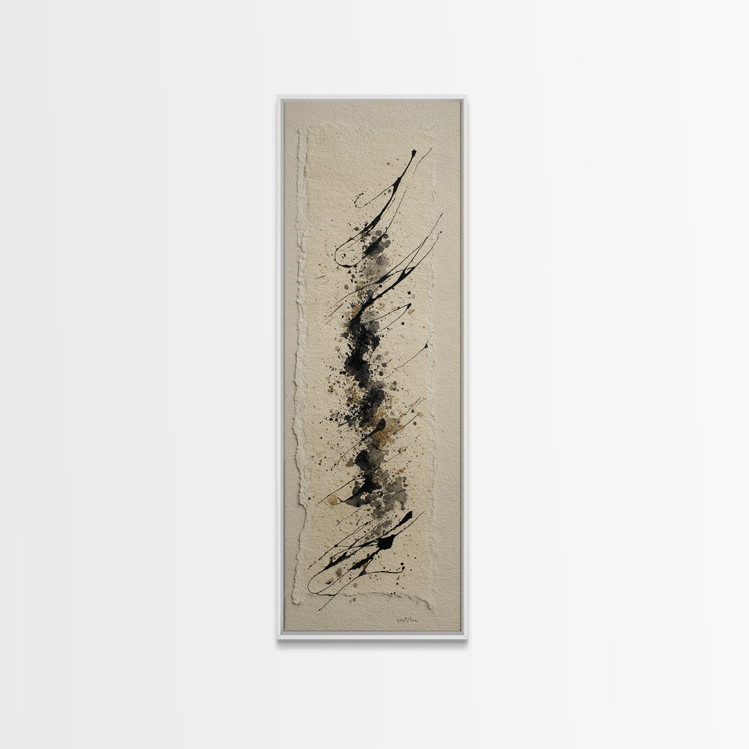 Ink Splatter and Long Brushstroke Composition Framed Canvas Print, Calligraphy Art, Fine Art Print, Living Room Decor, Script, CAL-1x3-4