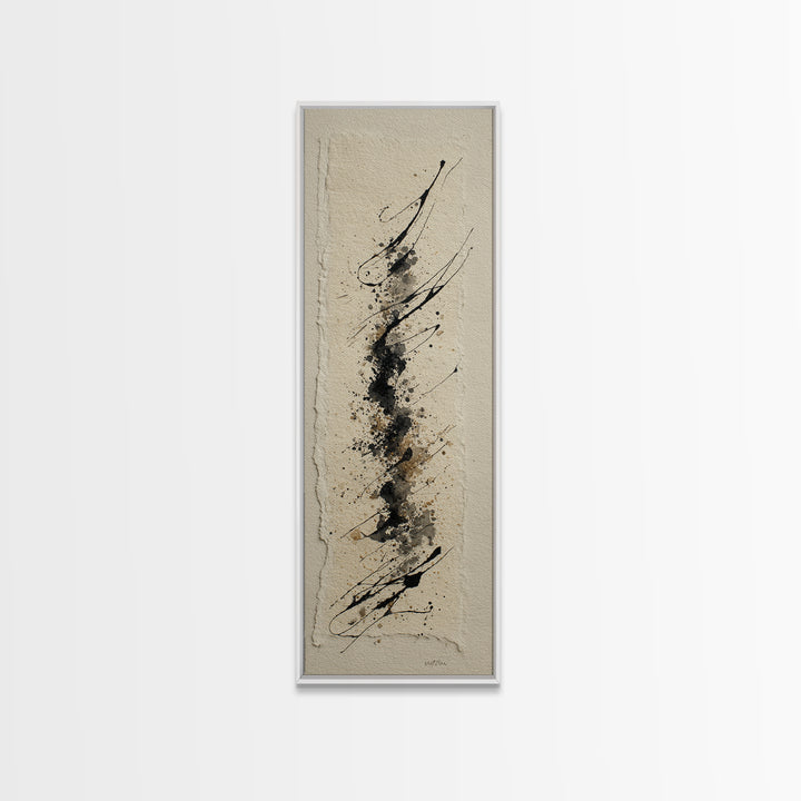Ink Splatter and Long Brushstroke Composition Framed Canvas Print, Calligraphy Art, Fine Art Print, Living Room Decor, Script, CAL-1x3-4