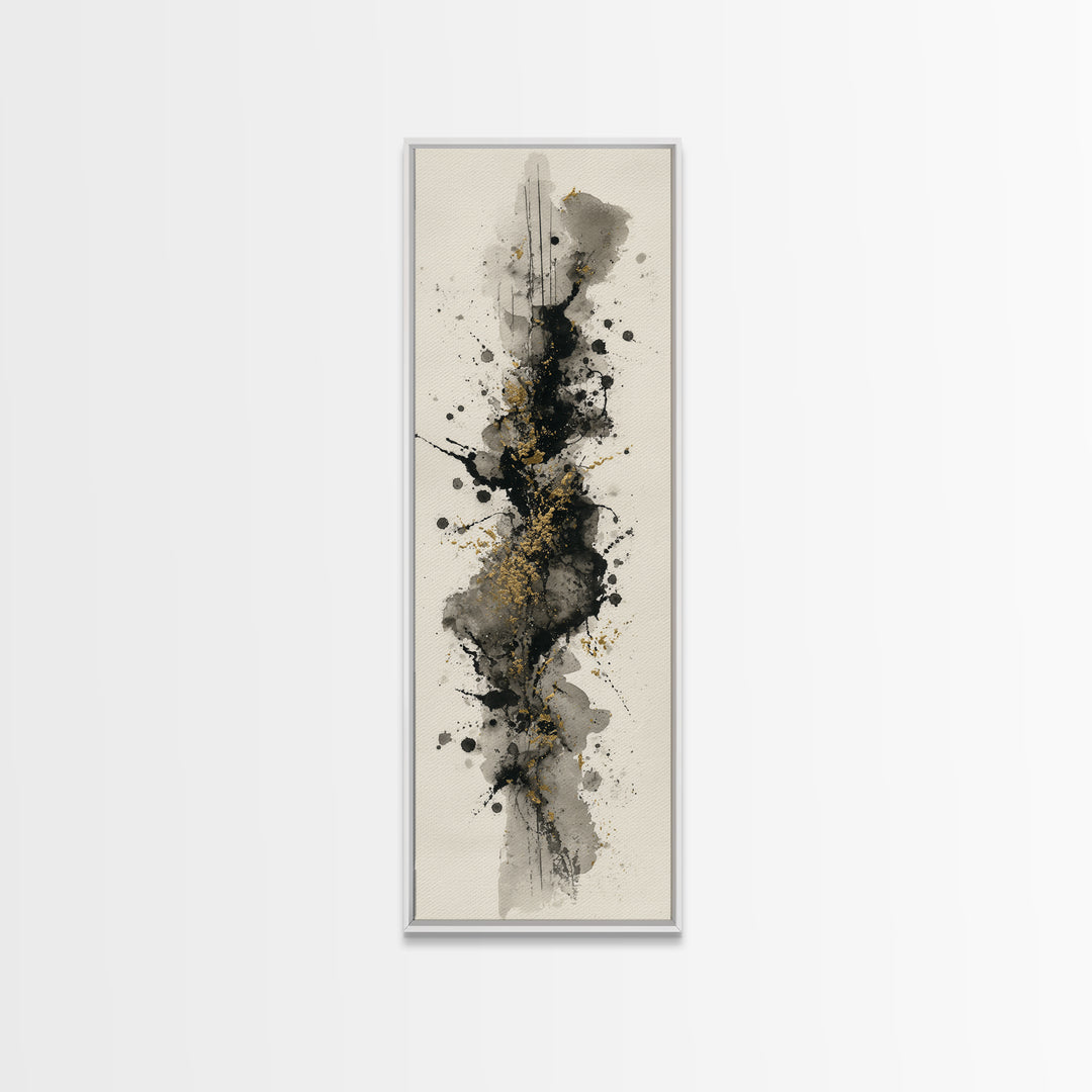 Ink Splatter and Long Brushstroke Composition Framed Canvas Print, Calligraphy Art, Home Decor, Living Room Decor, Script, CAL-1x3-52