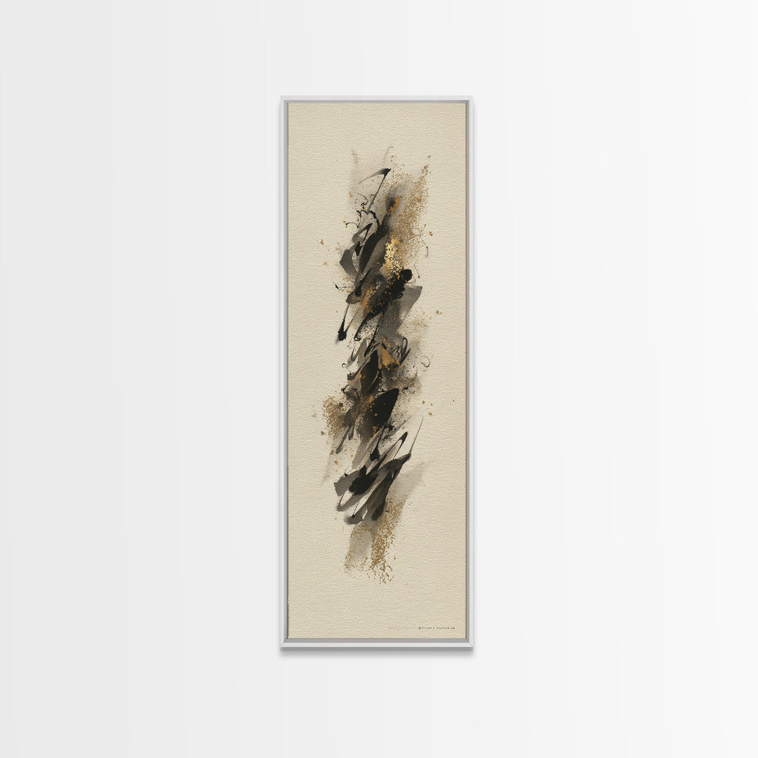 Abstract Gold Calligraphic Strokes on Ivory Paper Canvas Print, Calligraphy Art, Neutral Decor, Living Room Decor, Script, CAL-1x3-62
