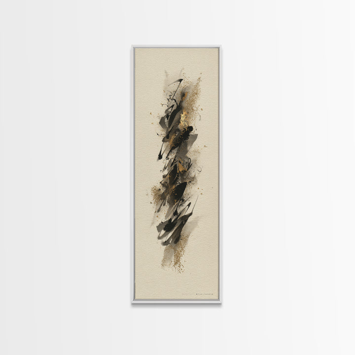 Abstract Gold Calligraphic Strokes on Ivory Paper Canvas Print, Calligraphy Art, Neutral Decor, Living Room Decor, Script, CAL-1x3-62