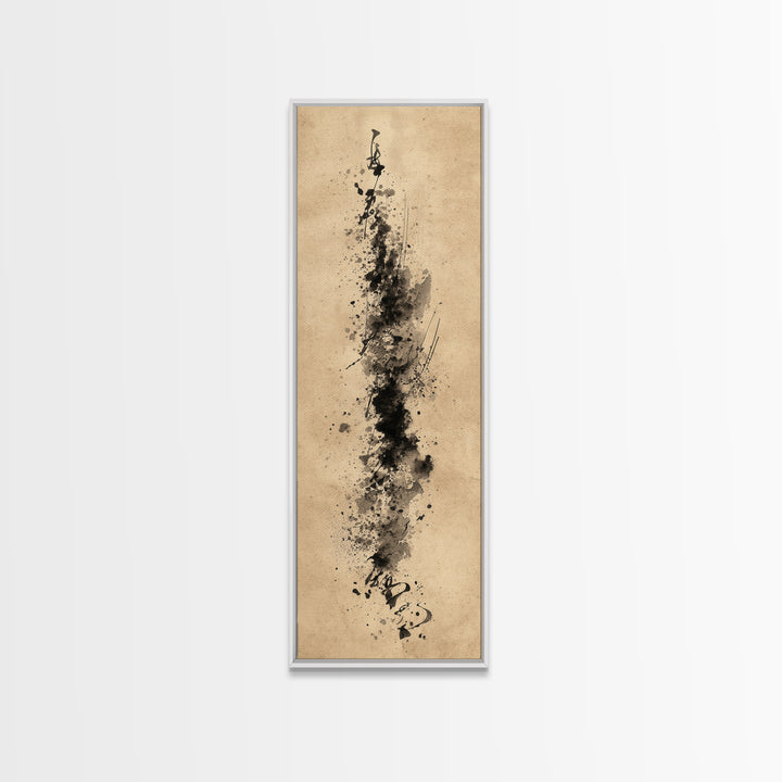 Ink Splatter and Long Brushstroke Composition Framed Canvas Print, Calligraphy Art, Calligraphy, Living Room Decor, Script, CAL-1x3-76