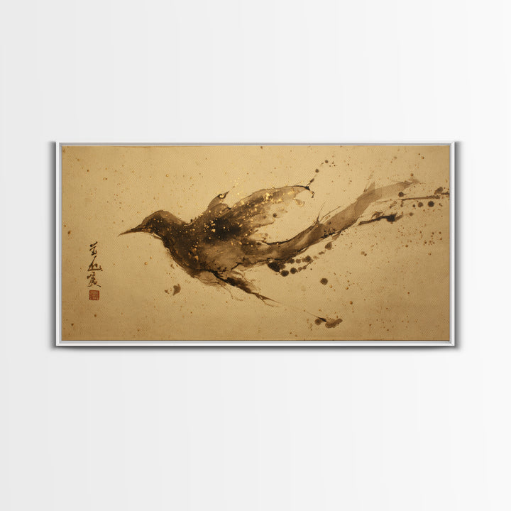 Calligraphic Bird Shape Formed from Flowing Lines Framed Canvas Print, Calligraphy Art, Modern Art, Living Room Decor, Script, CAL-2x1-100